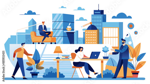 Modern office life with cityscape and diverse professionals working together