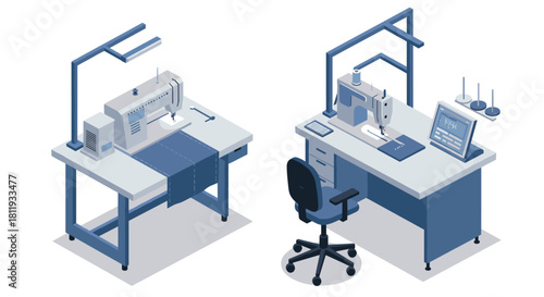 Modern isometric sewing machine and workstation with computer in blue tones