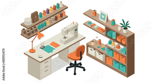 Cozy sewing room with sewing machine and supplies in isometric view