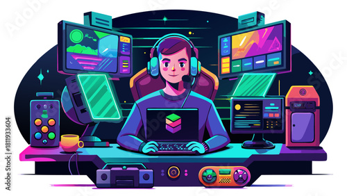 Gamer at desk with multiple monitors and gaming gear