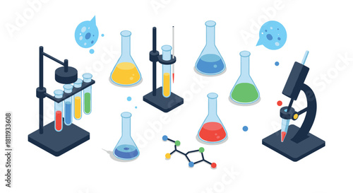 Colorful isometric chemistry lab equipment for science projects and education