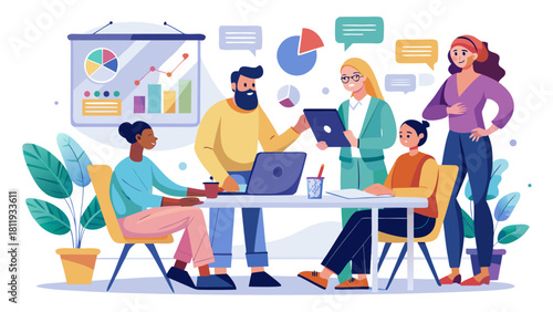 Diverse team collaborating on a business project with charts and data