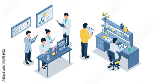 Modern isometric laboratory science team working on research experiments and data analysis