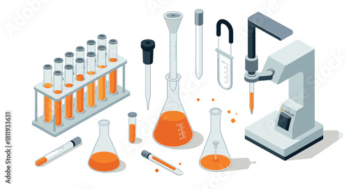 Isometric laboratory equipment with orange liquid in test tubes and beakers for scientific research