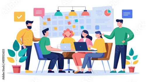 Diverse team collaborating on a project at a modern office meeting