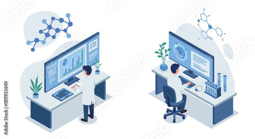 Isometric lab scientists analyzing data on digital screens with molecular structures