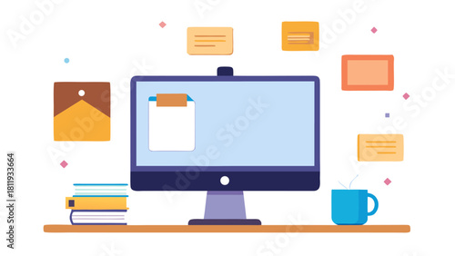 Modern desk setup with computer books and coffee