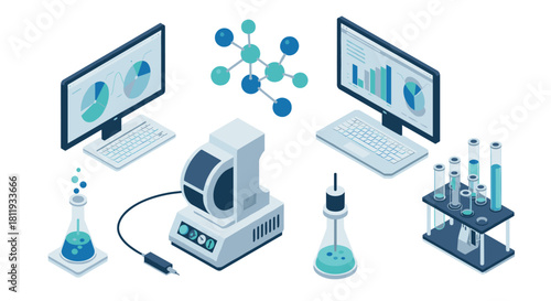 Isometric lab equipment with computers and graphs in blue tones