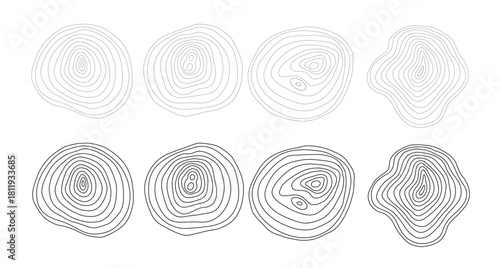 Abstract tree rings set and saw cut tree trunk icon doodle hand drawn. Outline wood circle line drawing clipart symbol. Vector illustration. Editable line thickness