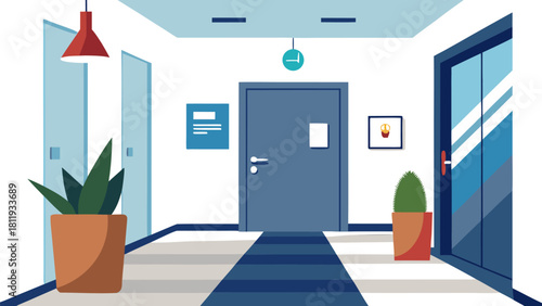 Modern office corridor with plants and doors