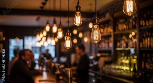Warm lighting illuminates a bar with patrons seated at the counter.