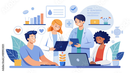 Diverse medical team collaborating on digital health solutions