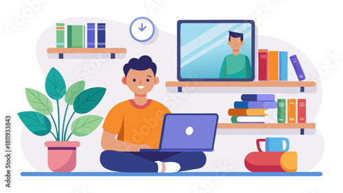 Young man working on a laptop in a cozy home office setting