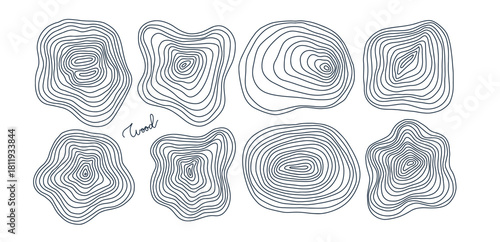 Hand drawn Circular wood concentric annual rings or topographic map line texture set. Wood tree topographic abstract lines collection flat style design. Linear vector illustration contour design.