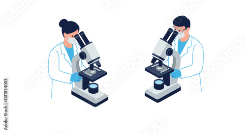 Scientists conducting research with microscopes in modern laboratory setting