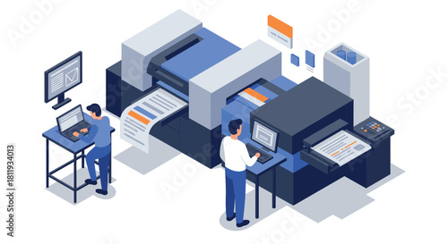 Modern printing technology process with isometric design and professional equipment