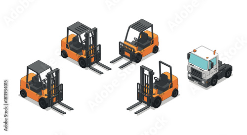 Isometric forklifts and truck illustration in industrial style