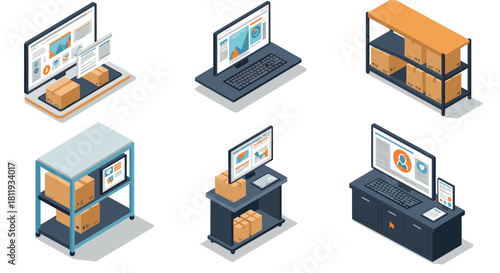 Isometric e-commerce warehouse and office technology concepts