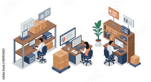 Isometric office workspace with employees and technology elements in modern setting