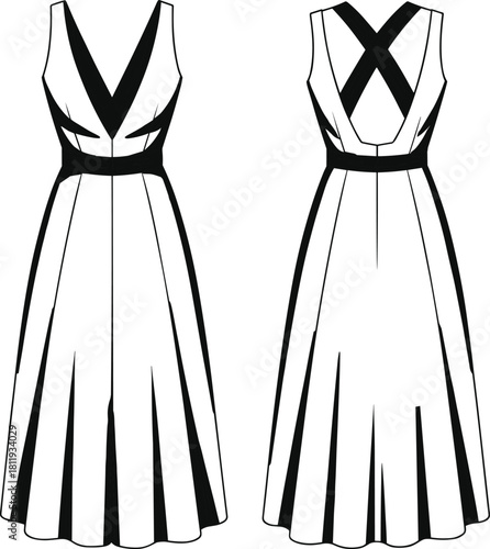 Elegant sleeveless V-neck midi dress with bold contrast panels, crossover back straps and flared skirt fashion flat vector illustration design