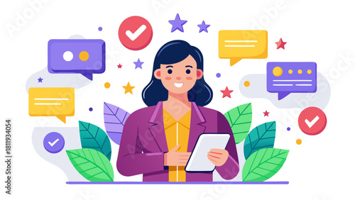 Woman with tablet and chat bubbles illustrates communication and success