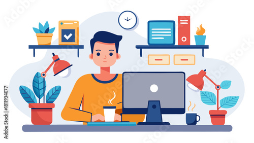 Man working at desk with computer and coffee