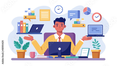 Man juggling multiple tasks and devices at his desk