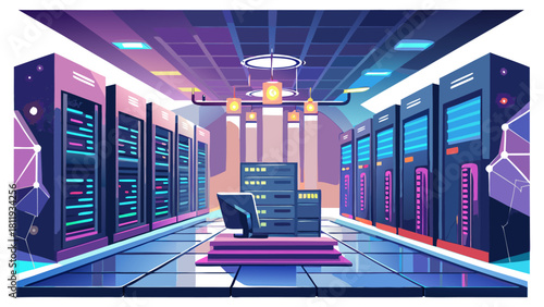 Futuristic data center with rows of servers and a central computer station