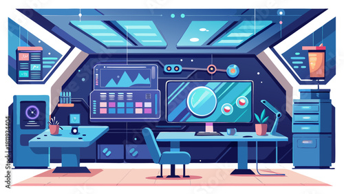 Futuristic sci fi control room with advanced technology and monitors