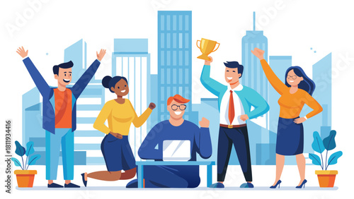 Diverse business team celebrates success with trophy and city skyline