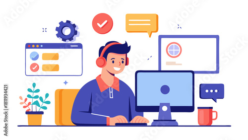 Man working on computer with headphones and communication icons