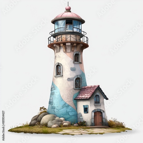 Whimsical Pastel Lighthouse and Cottage Illustration