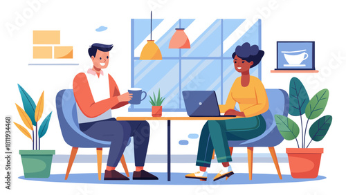 Diverse people working and enjoying coffee in a modern cafe setting