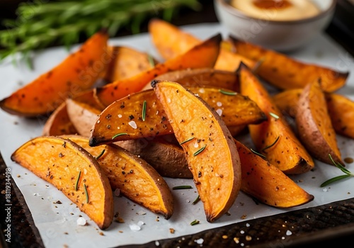 Roasted sweet potato wedges seasoned with rosemary and salt.