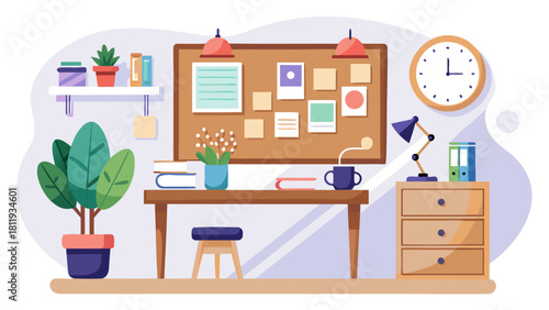 Cozy home office setup with desk and bulletin board