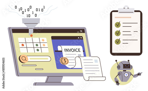 Computer screen with data input funnel, digital invoice, checklist, and robot assistant. Ideal for automation, AI, business management, workflow optimization, digital transformation productivity