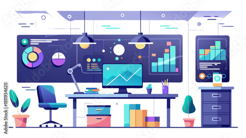 Modern office workspace with data visualizations and desk setup
