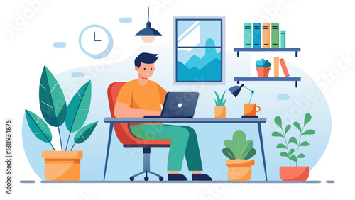 Man working on laptop at desk in a modern home office with plants