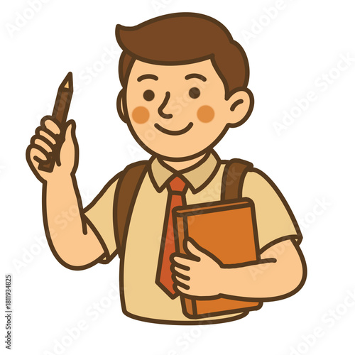 Hand draw cute student holding book and pencil illustration