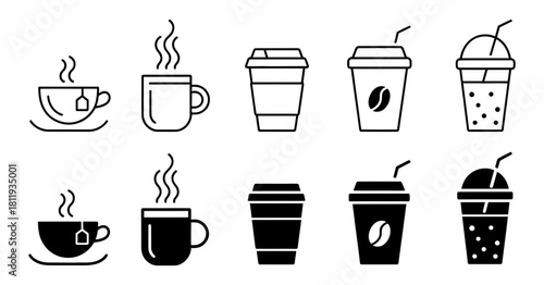 Collection of hot and cold beverage icons: teacups, coffee mugs, disposable cups with lids, and cold drinks with straws, various styles.