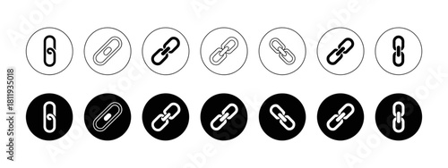 Collection of diverse vector link and paperclip icons in black and white circles, representing connection, attachment, and hyperlink symbols.