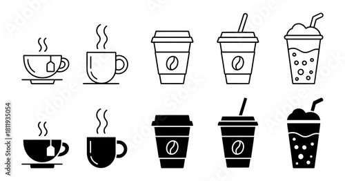 Assortment of hot and cold drink icons, showcasing outlined and solid black designs for various tea, coffee, and frappe beverages, vector art