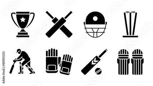 Cricket sport equipment icons set, professional game elements for player gear and field play, black silhouette vector illustration on clean background.