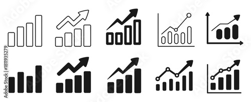 Business growth and success vector icons featuring ascending bar charts and line graphs with upward arrows, symbolizing financial improvements.