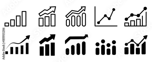 Set of diverse progress and growth icons: bar charts, line graphs, and combined visualizations depicting upward trends, success, and data analysis