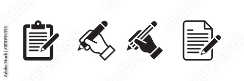 Writing, document and note icon set with hands holding pens and pencils, clipboard and paper symbols for creating, editing, and signing tasks.