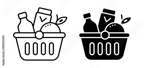 Shopping basket with groceries icon set. outline and solid glyph style symbols for retail, market, food, and e-commerce applications.