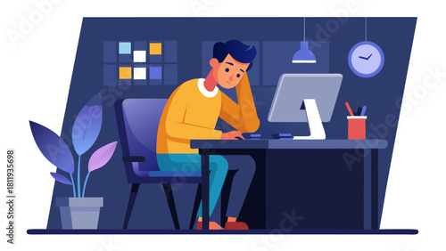 Tired person working late at a desk with a computer