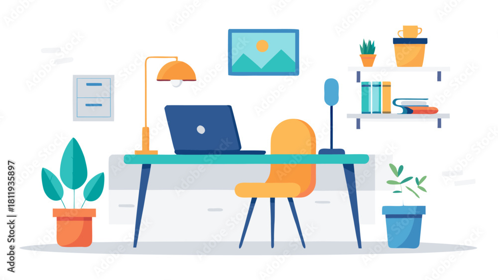 Fototapeta premium Modern home office setup with desk laptop and plants