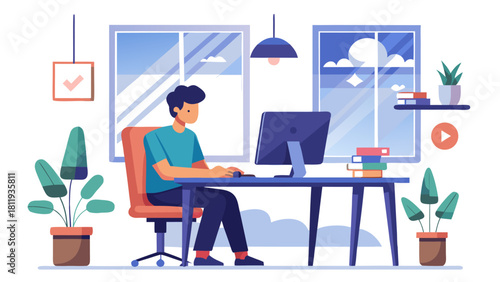 Man working on computer at home office with plants and windows